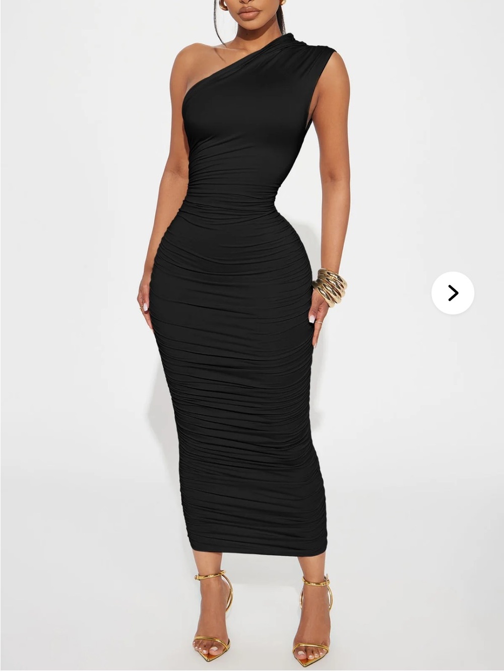 Fashion Nova Black One-Shoulder Ruched Midi Dress
